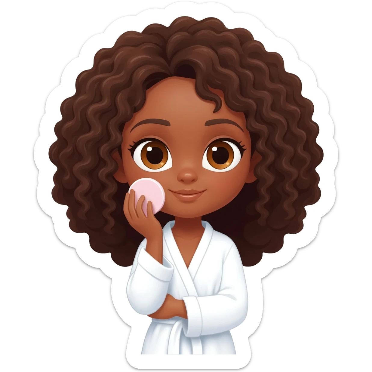 Menina parda,de olhos castanhos claros, com cabelos grandes encaracolados e um roupão branco e cosa fazendo skin care sticker