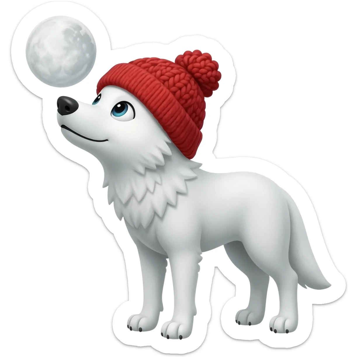 White wolf wif red knitted hat over head covering eyes looking at the moon sticker