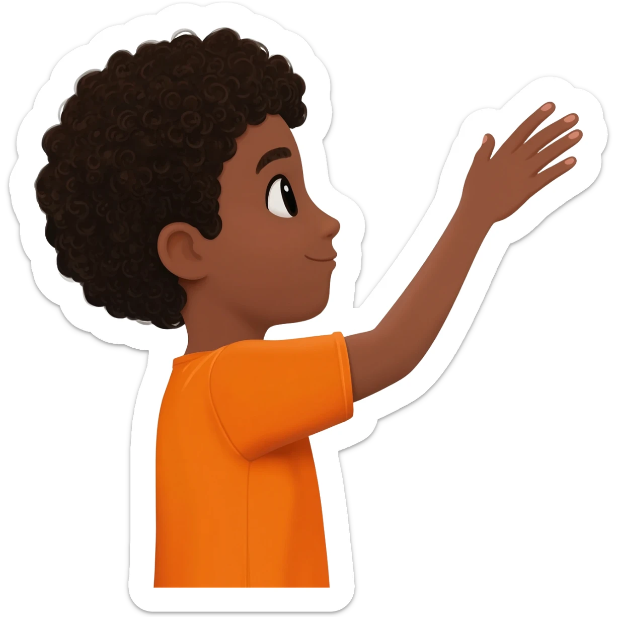 black boy curly hair orange shirt reaching for something sticker