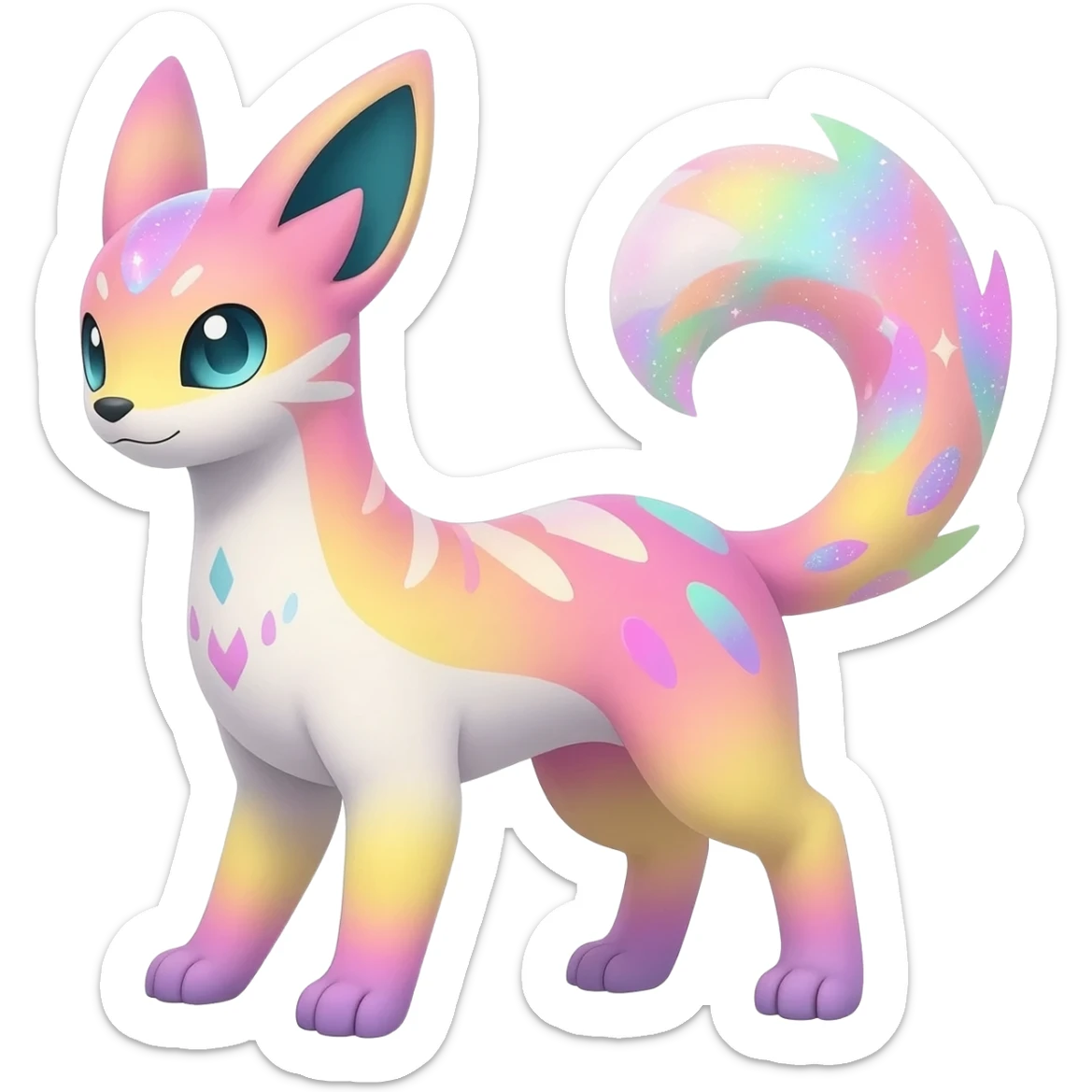 Rare realistic exotic pastel whitish pinkish yellowish gradients shiny sparkly divine celestial spiritual iridescent cute epic pretty beautiful handsome gorgeous aesthetic colorful vibrant Vernid-Trico-species-Fakemon-creature by LiLaiRa, 4 legs, 1 tail, random markings, (full body) sticker
