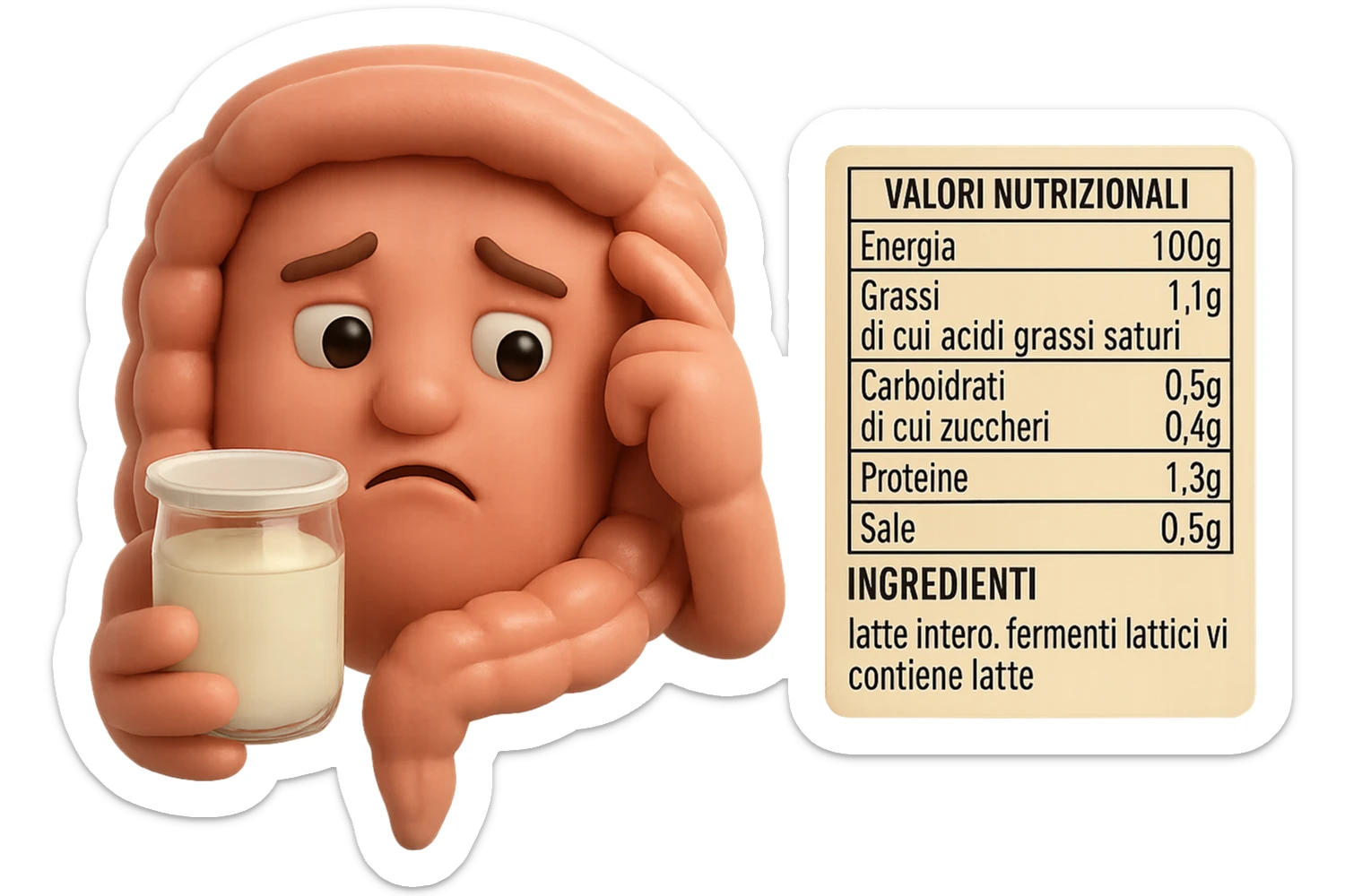 SU QUESTO STILE FAI UN EMOJI STILE IPHONE 3D DI UN INTESTINO CHE HA IN MANO UN BARATTOLO DI YOGURT CONFEZIONATO DA SUPERMERCATO E LEGGE L'ETICHETTA NUTRIZIONALE CON GLI INGREDIENTI IN ITALIANO, ACCANTO ALLO YOGURT CHE HA IN MANO C'è UN FOCUS SULL'ETICHETTA CON GLI INGREDIENTI SCRITTI, FAGLI UN ESPRESSIONE CONFUSA MENTRE LEGGE E FALLO MOLTO REALISTICO IN 3D sticker