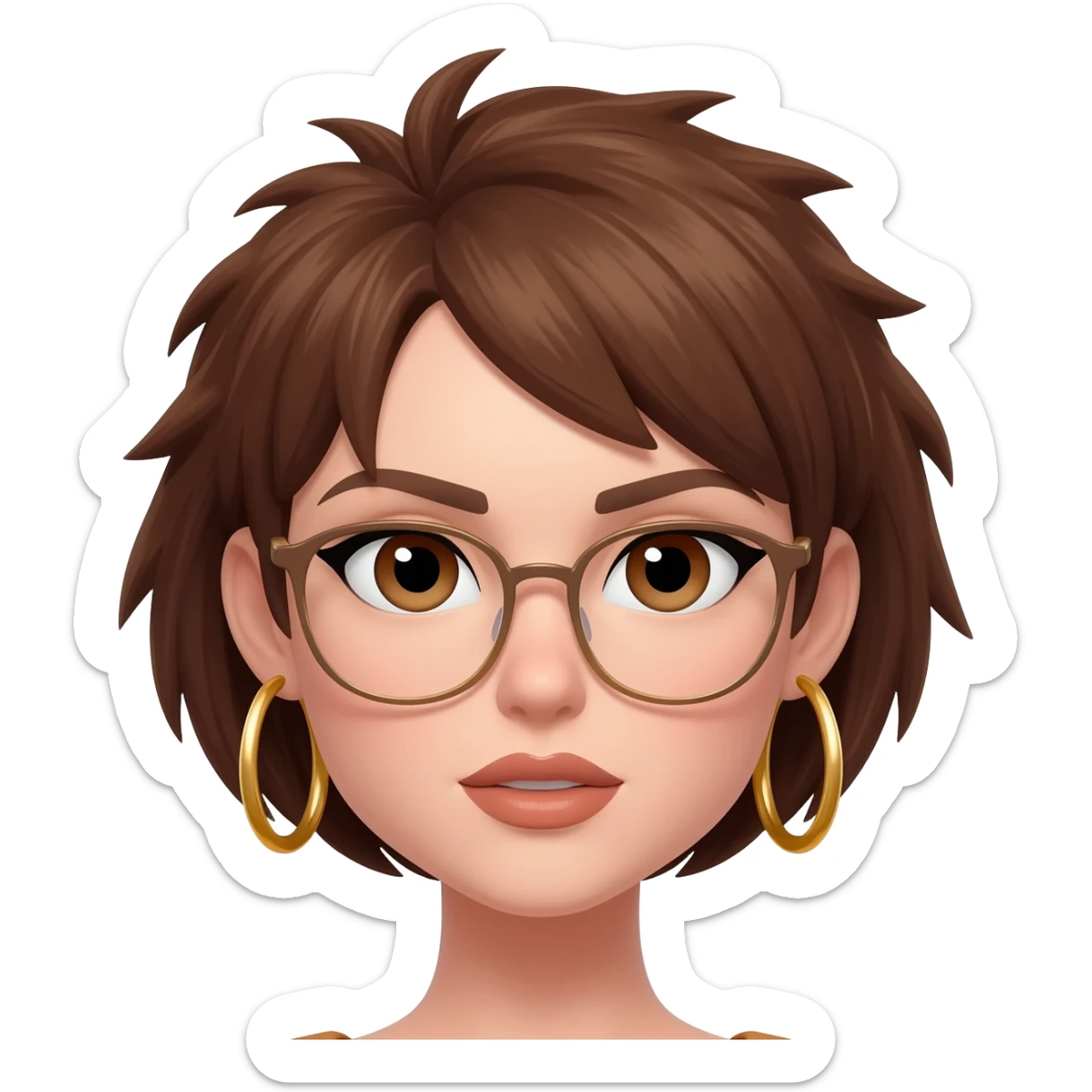 Female very very short brown hair few spikes gold hoop earringsbrown eyes hoop earrings hoop earrings glasses full lips sticker