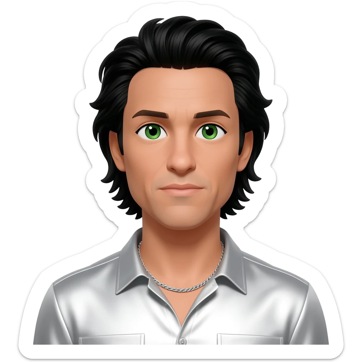 Kevin Richardson from Backstreet Boys with green eyes, black long hair, white metallic shirt, silver necklace sticker