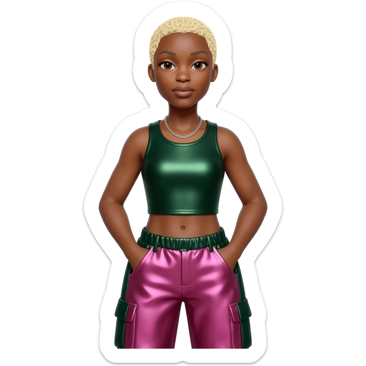 Cynthia Erivo with blonde short hair, dark green metallic crop top, dark green pink metallic baggy pants, silver necklace sticker