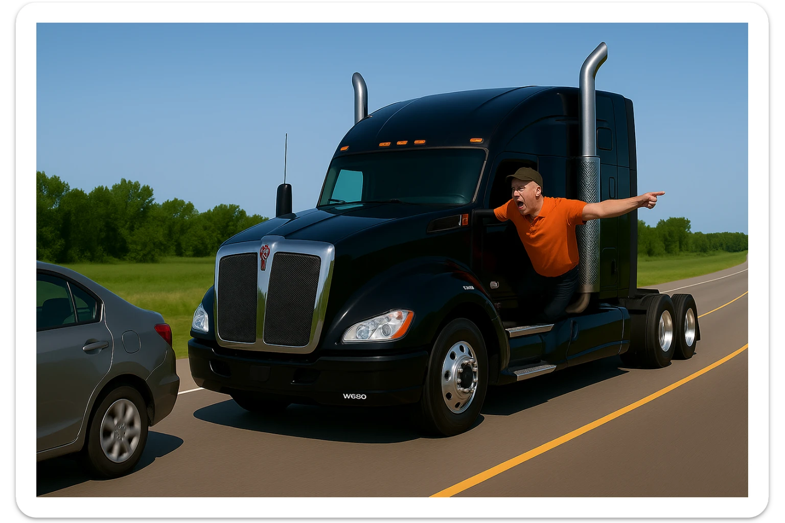Zoom the scene out even farther, showing more of the road and landscape, with the black Kenworth W680 semi truck featuring a chrome stack, an angry bald driver wearing an orange shirt and baseball cap with his arm out the window, following a car. The scene should remain bright and vibrant. sticker