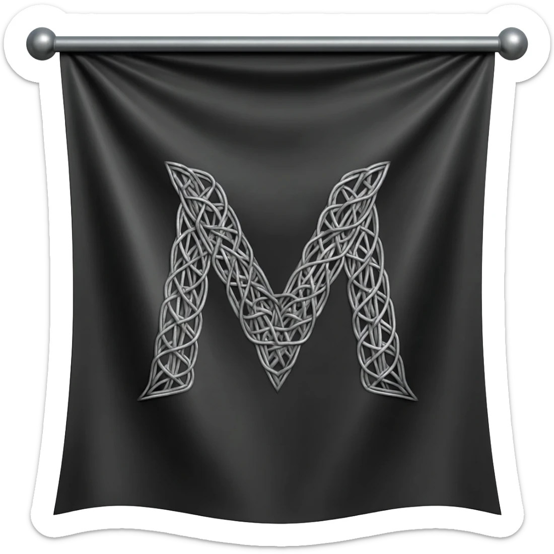 ...Minimalist 3D isometric render based on image_1.png: a large, sharp, geometric letter 'M' woven with matte steel-grey thread central on the draped black silk flag. Polished steel pole, pure white background for sticker quality --no background sticker