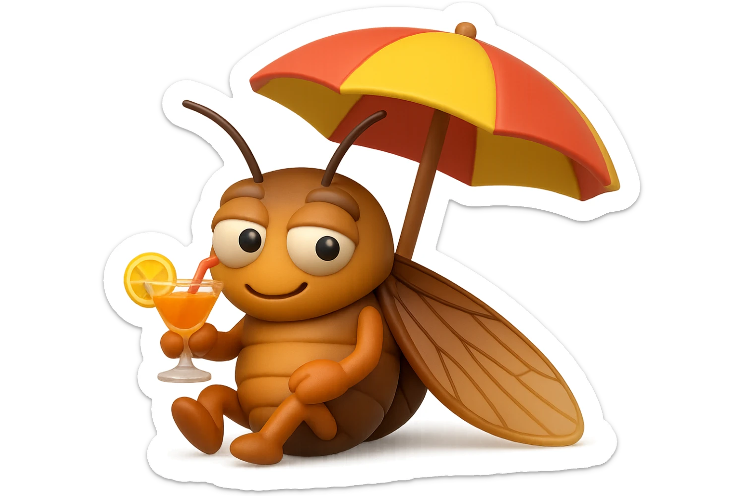 EMOJI STILE IPHONE 3D DI UNA CICALA CHE STA RILASSATA SEDUTA SOTTO L'OMBRELLONE IN SPIAGGIA CON UN COCKTAIL IN MANO, FAGLI GLI OCCHI CON LA PARTE BIANCA, NON SOLO LA PUPILLA sticker