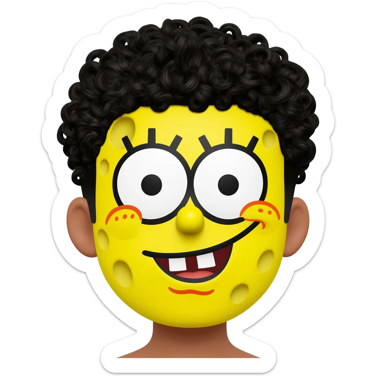 Make a brown boy with black curly hair have a SpongeBob face paint sticker