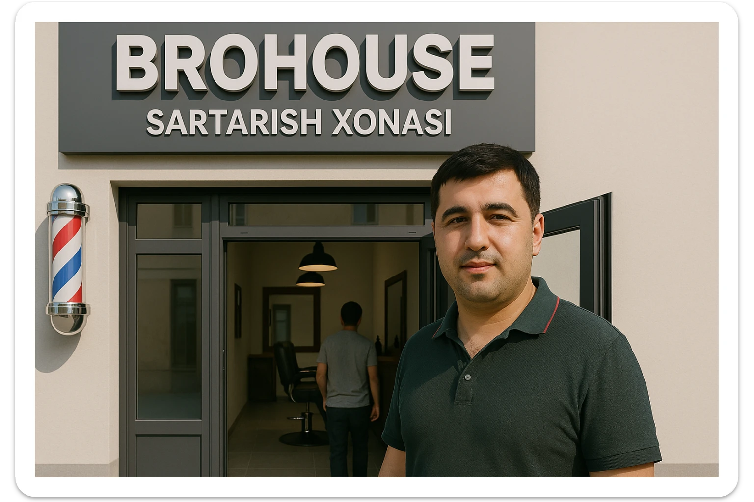 eni shu rasimga manashu odamga uxhshasin sartaosh eshik oldida tursin va tashqarida esa mijoz rasm esa 16 ga 9 bulsin 1920x1080 sticker