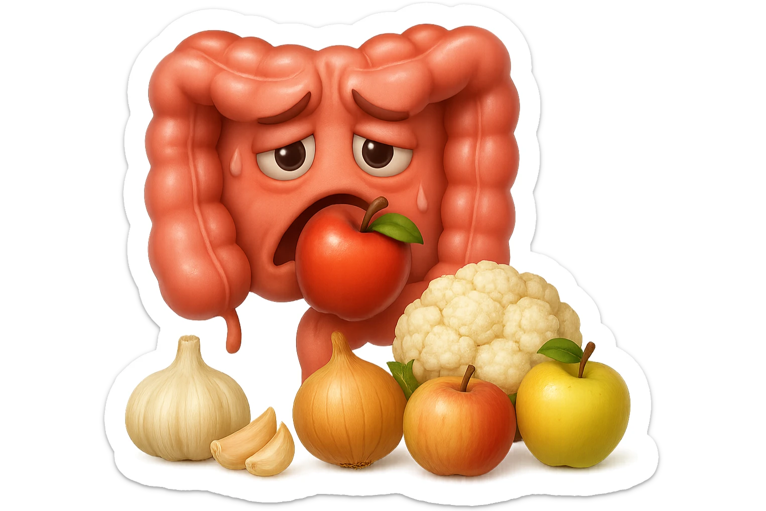 EMOJI STILE IPHONE DI UN INTESTINO UMANO IN CRISI PERCHé STA MALE, IN BOCCA HA UNA MELA E DAVANTI A LUI C'è UNA MONTAGNA DI aglio, cipolle, cavolfiore e mele, IPERREALISTICO 4K sticker