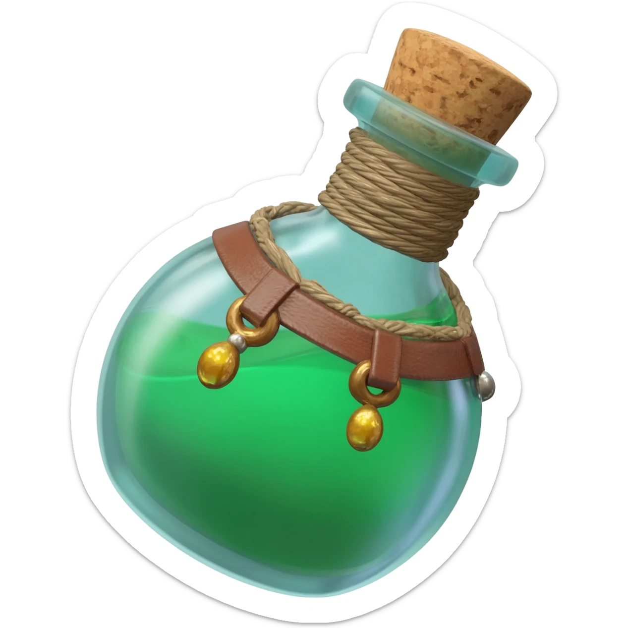an EMPTY round potion bottle a little rotated to the left with a cork and decorations on the bottle like ropes and belts and random stuff sticker
