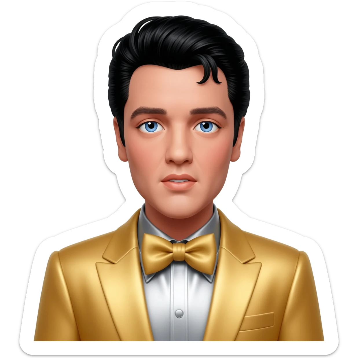 Elvis Presley with blue eyes, black hair, silver metallic shirt, gold suit jacket and bow tie sticker