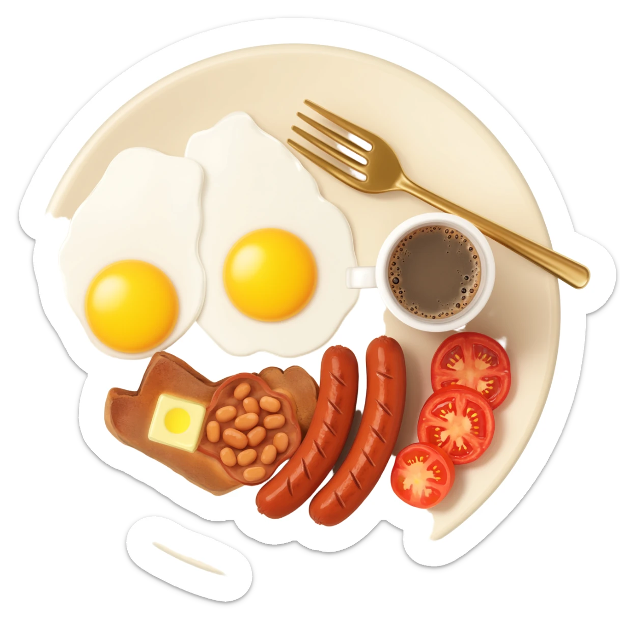 full English breakfast with two eggs, bacon, sausage, beans, toast, and tomato оn a beautiful light beige plate with a gold fork and cup of coffee side view sticker