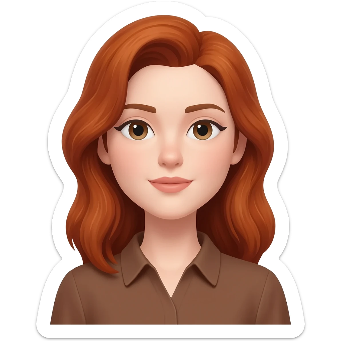 woman with half up half down auburn hair and pale lavender skin. She is wearing brown shirt sticker