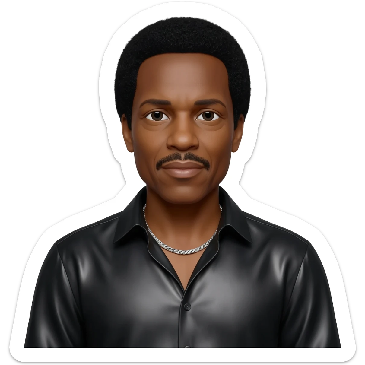 Ike Turner with black hair, black metallic shirt, silver necklace sticker