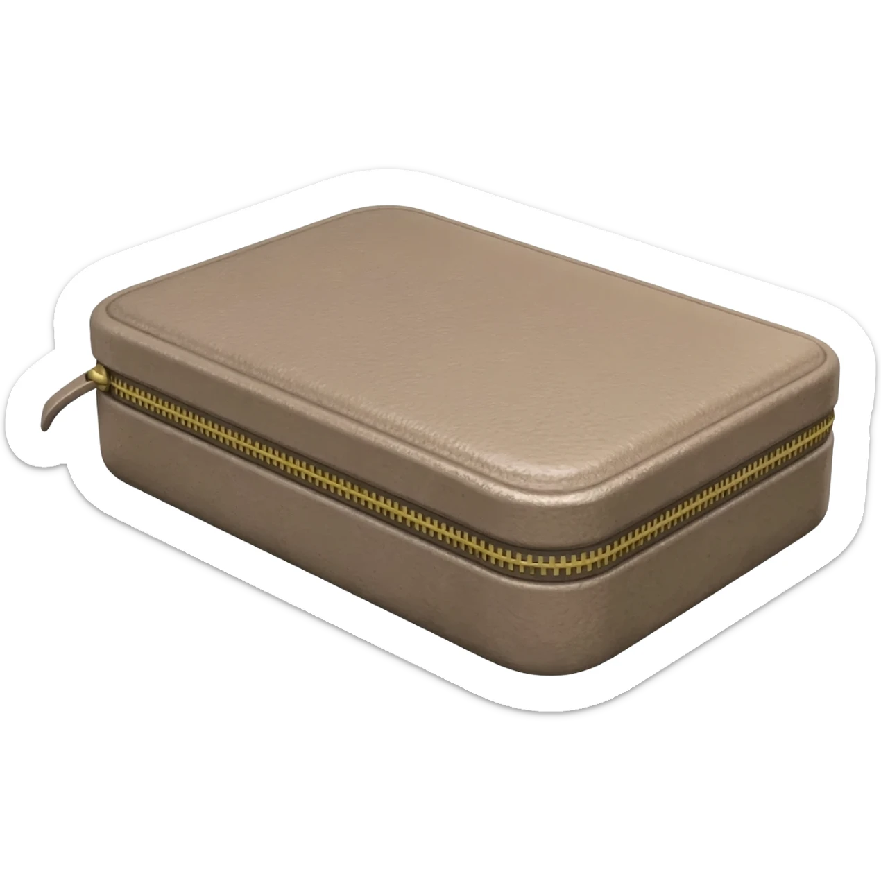 rectangle box made of taupe leather with gold zip around the centre sticker