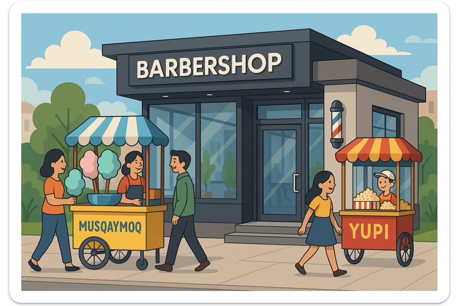 brohouse sartarosh xonasini chizib ber tashqaridan va uning yonida yupi va musqaymoq sotadigan lavkalar bulsin va sartarosh xona sal zamonaviyroq bulsin sticker