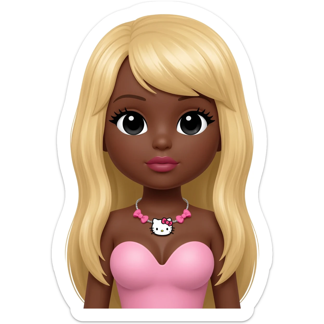 hello kitty necklace, doll eyes, Doll, big chest, dark brown skin, long blonde hair without bangs,  black cute eyes, pink bows with cute lips sticker