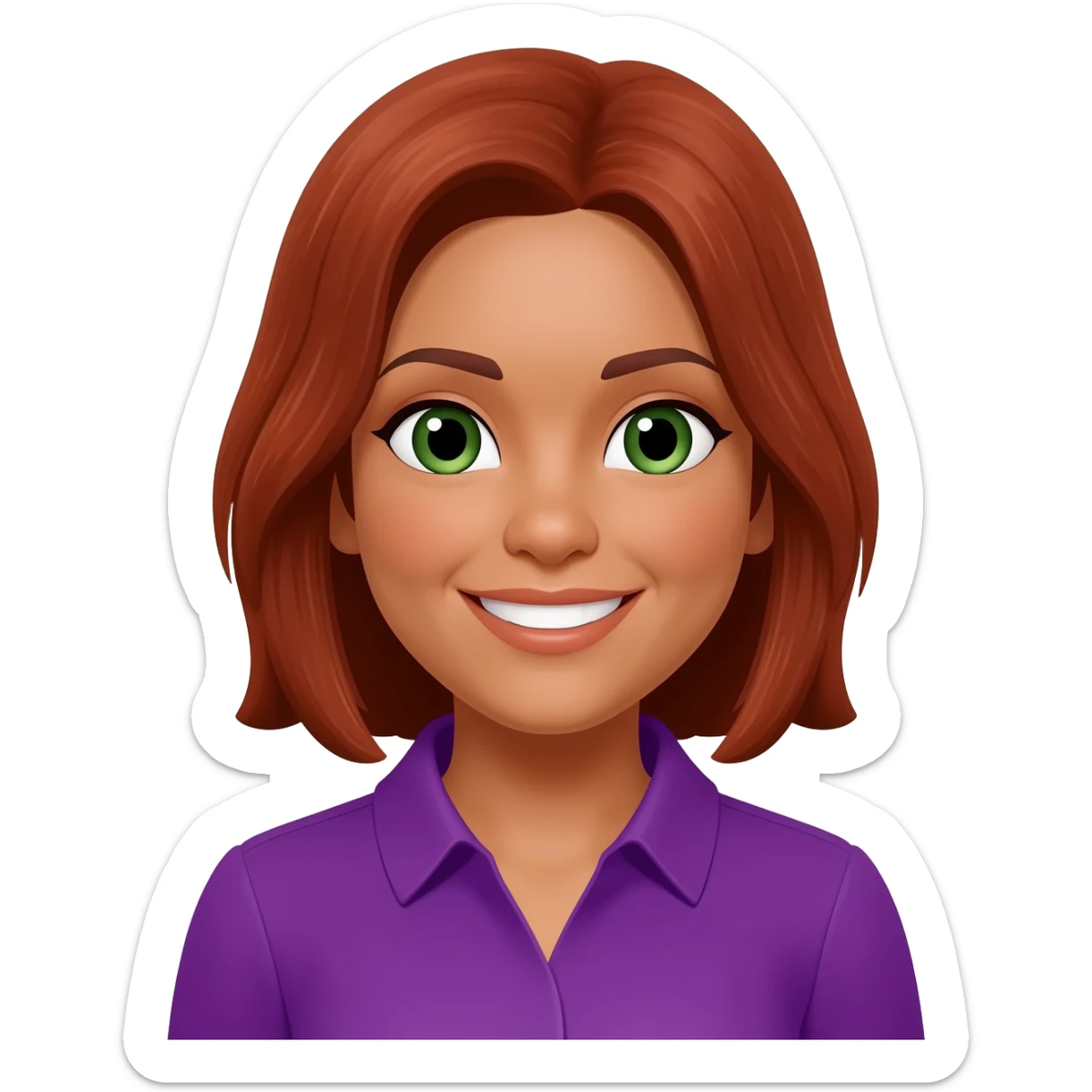 Tan Woman with gray, medium red brown hair and green eyes and purple shirt smiling sticker