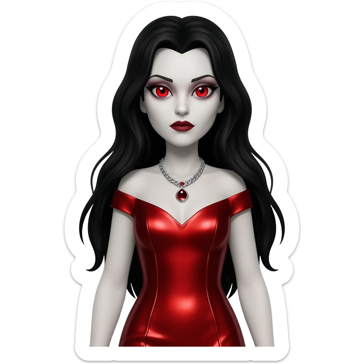 Countess Dracula with red eyes, long black hair, red metallic long dress, silver necklace sticker