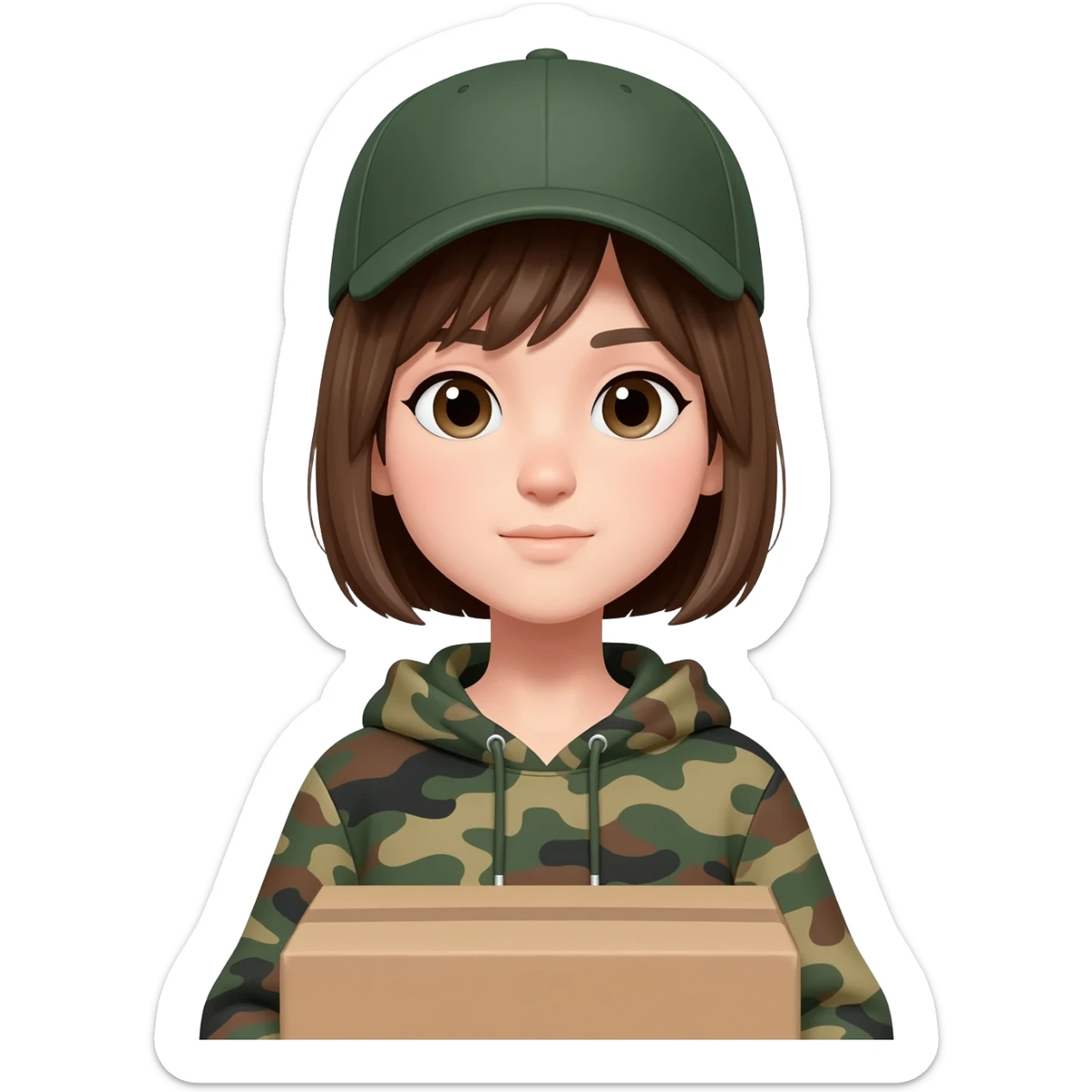 A girl with short hair wearing a baseball hat and a camo hoodie carrying a box sticker