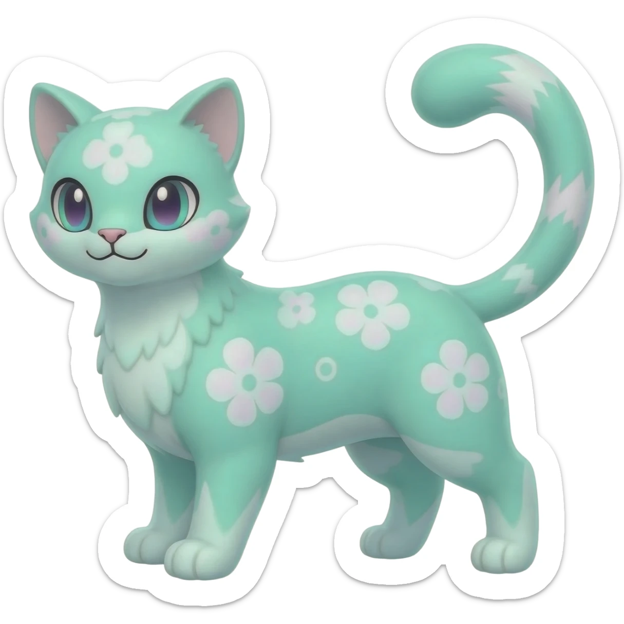 Pastel Mint-Aqua Soft-Iridescent Gentle Floral-Patterned Feline Sylveon-Liepard-hybrid-creature (full body) sticker