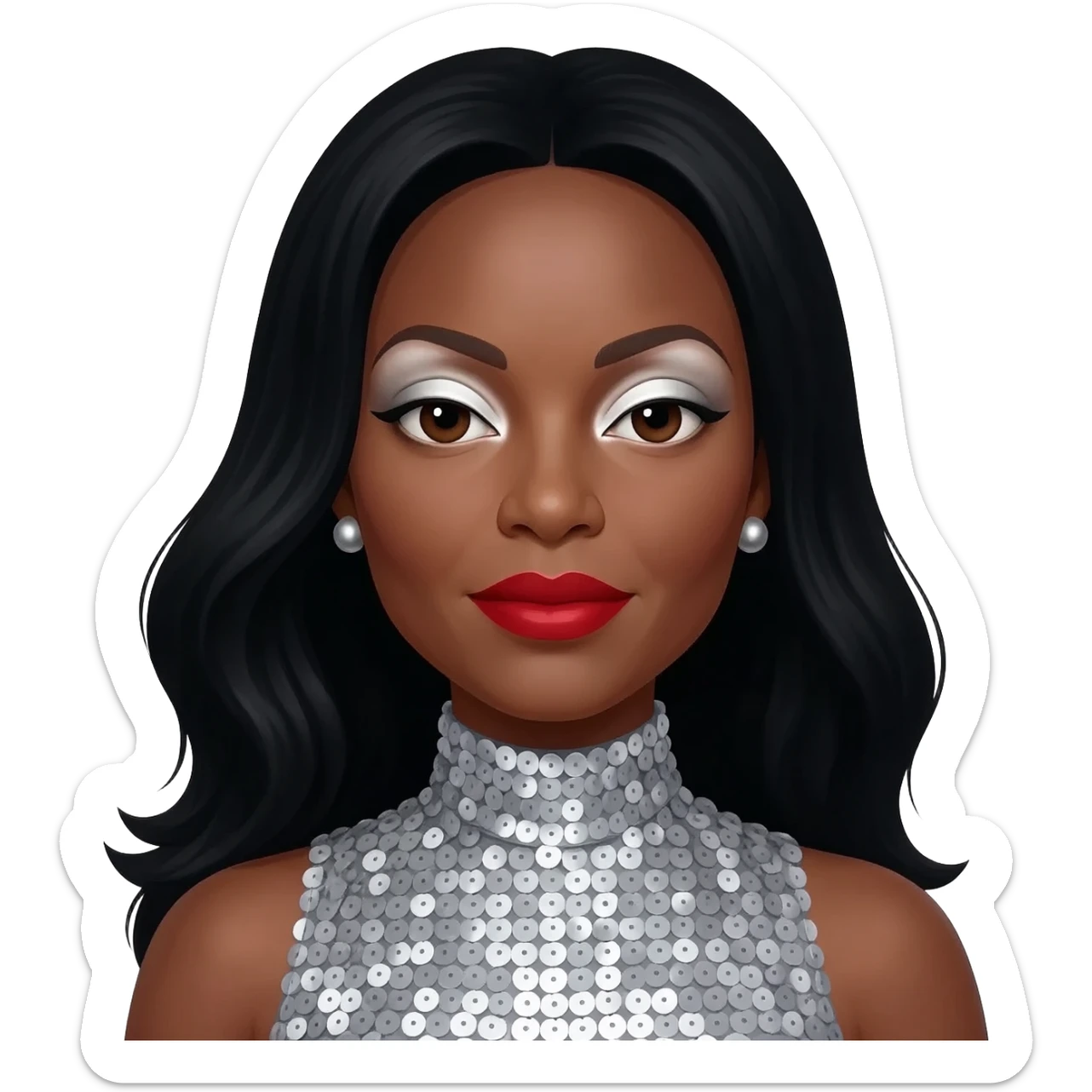 Diana Ross with dark brown eyes, white eyeshadow, red lipstick, long black hair, silver sequin turtleneck dress, silver earrings sticker