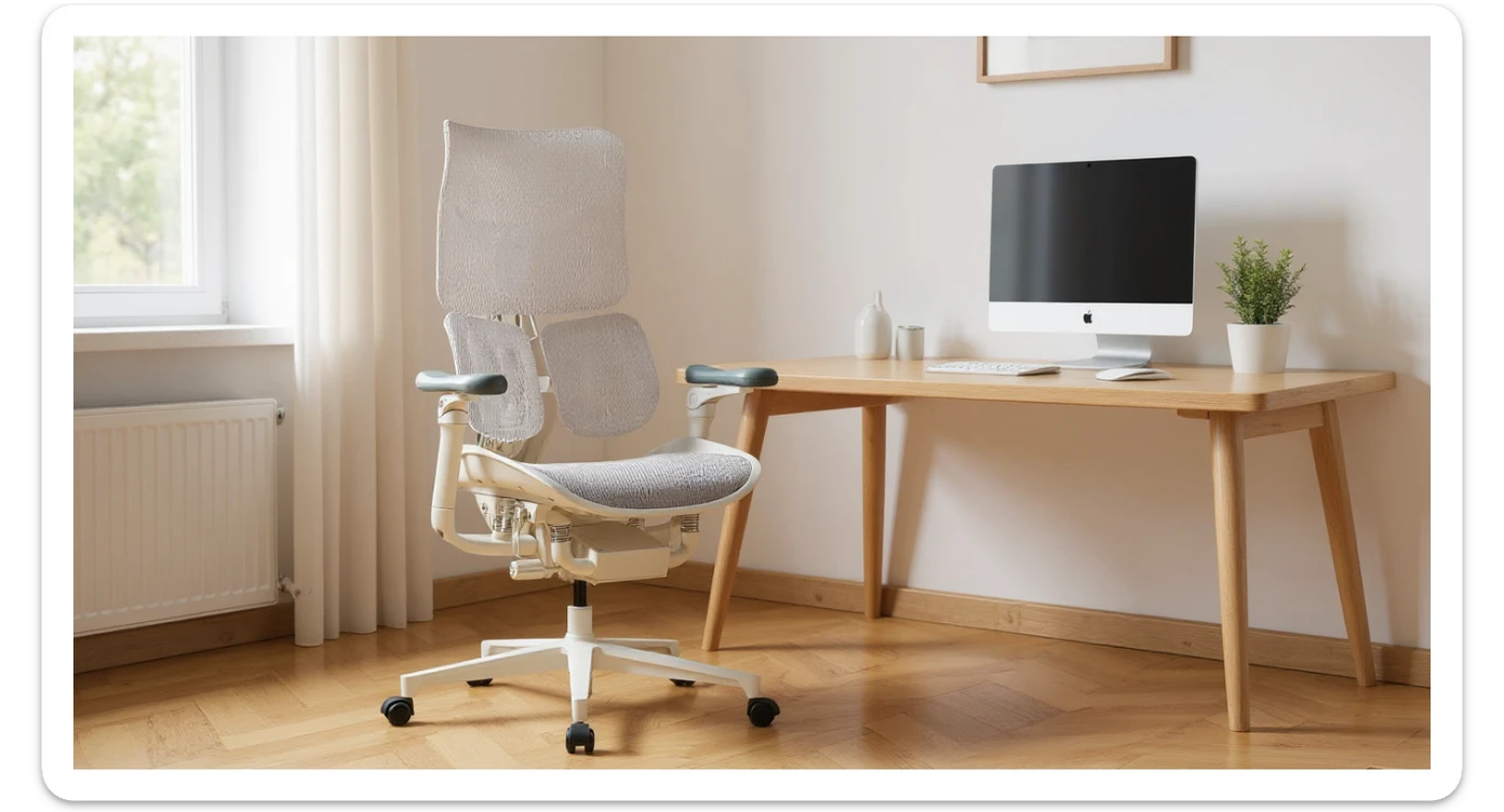 Editorial shot, Make this chair next to desk with mac setup, minimalistic room, bright and warm sticker