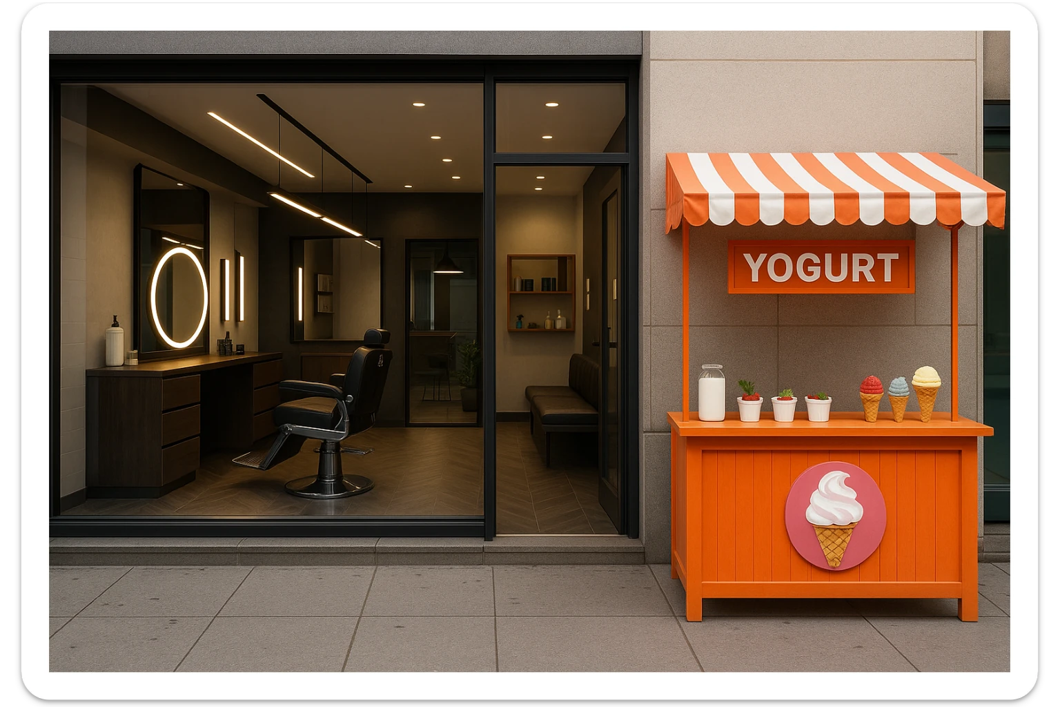 brohouse sartarosh xonasini chizib ber tashqaridan va uning yonida yupi va musqaymoq sotadigan lavkalar bulsin va sartarosh xona sal zamonaviyroq bulsin sticker