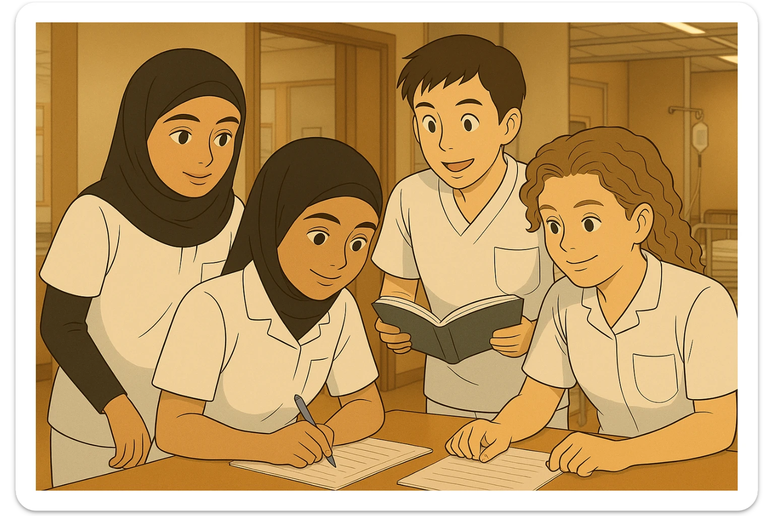 Personnaliser les quatre étudiants infirmiers en intérieur, style Ghibli, en utilisant les visages des quatre photos fournies, tenues blanches à manches courtes, tuniques médicales col en V, poche poitrine à gauche, pas de pied de col, pas de stéthoscopes, avant-bras nus, cheveux longs attachés pour celles qui en ont. Ambiance chaleureuse et collaborative. sticker