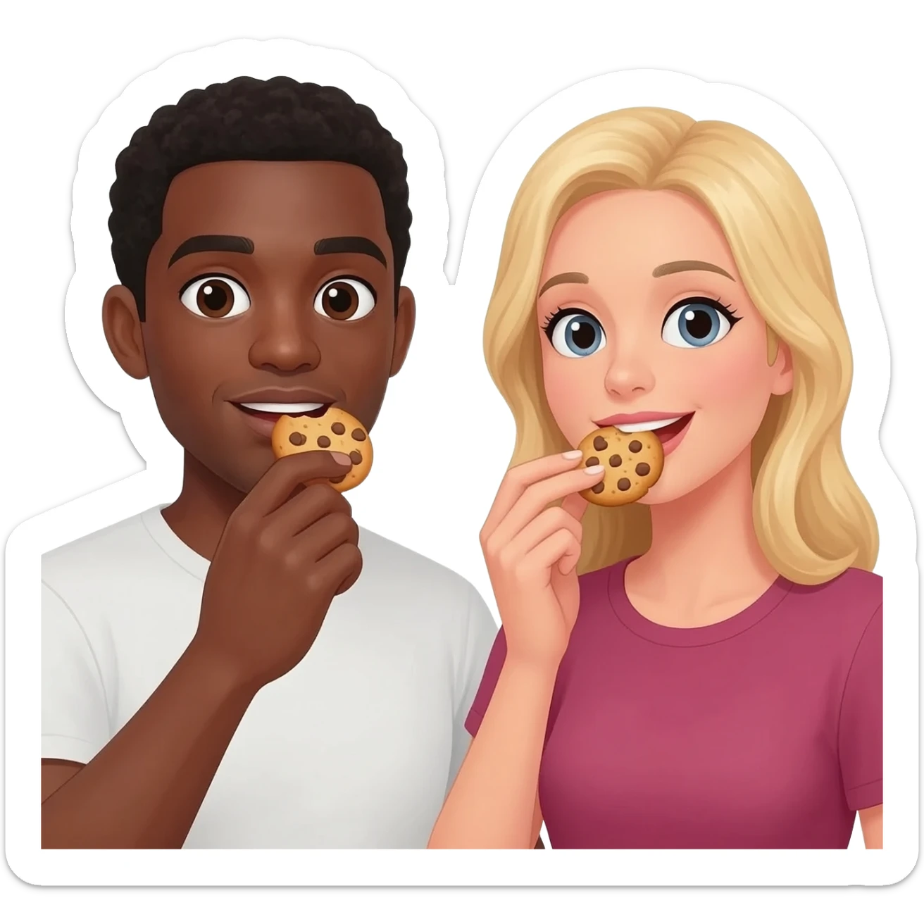 Black man eating cookies with blonde woman sticker