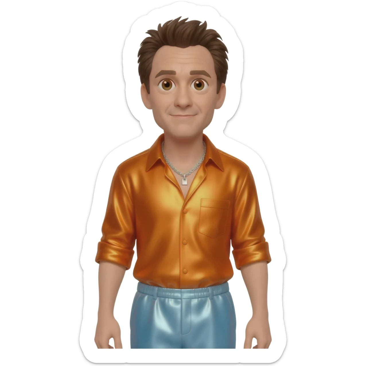 Jim Carrey with brown eyes, dark brown hair, orange metallic shirt, light orange blue metallic baggy pants, silver necklace sticker