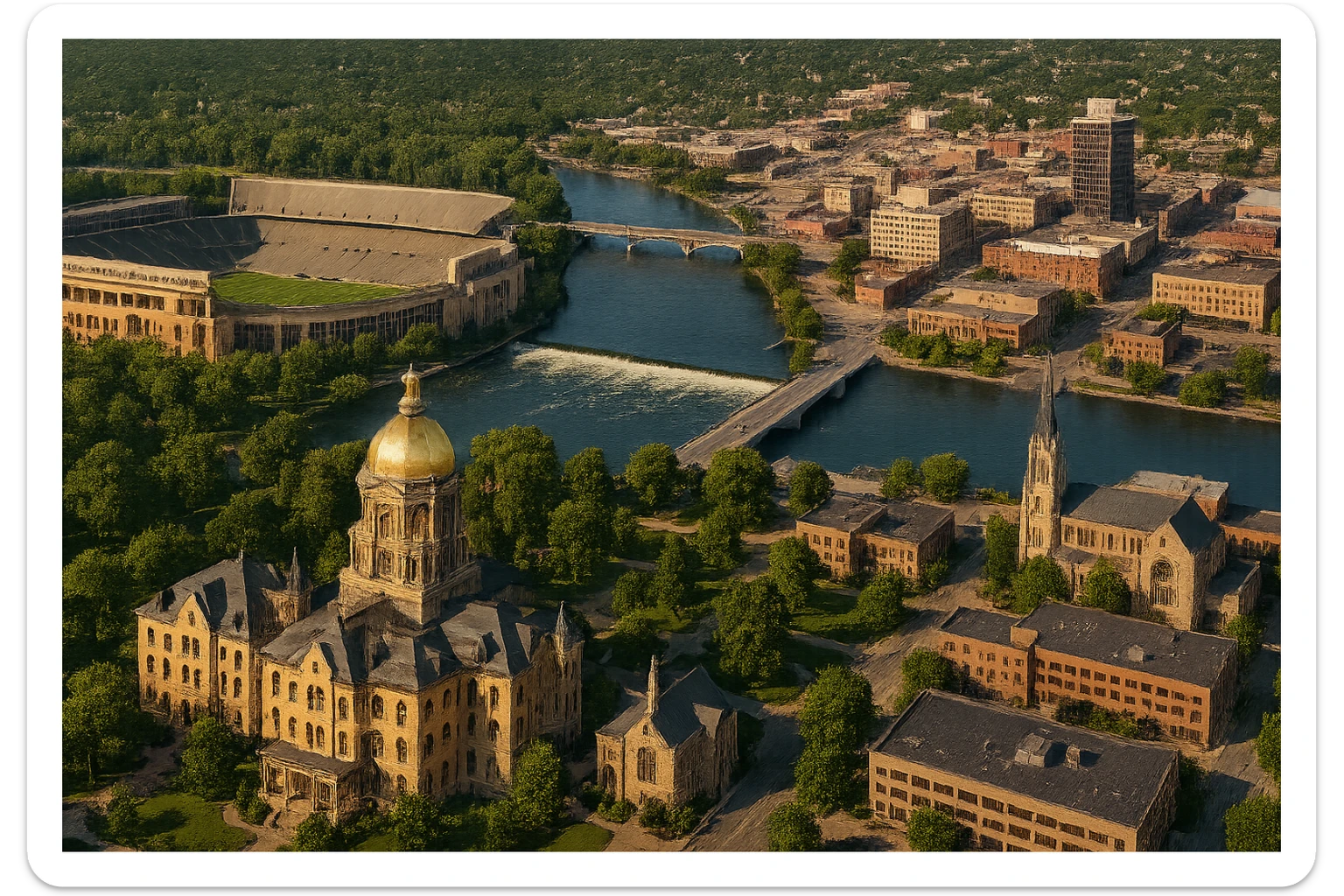 cinematic realistic emoji of South Bend Indiana wide city view with iconic landmarks University of Notre Dame campus including Golden Dome Notre Dame Stadium St Joseph River downtown South Bend lifelike detail accurate colors bright daytime lighting no sky no clouds no city name label sticker