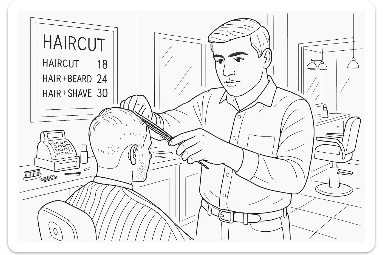 Draw me a sketch of the barbershop, but make sure there's a cash register there. sticker