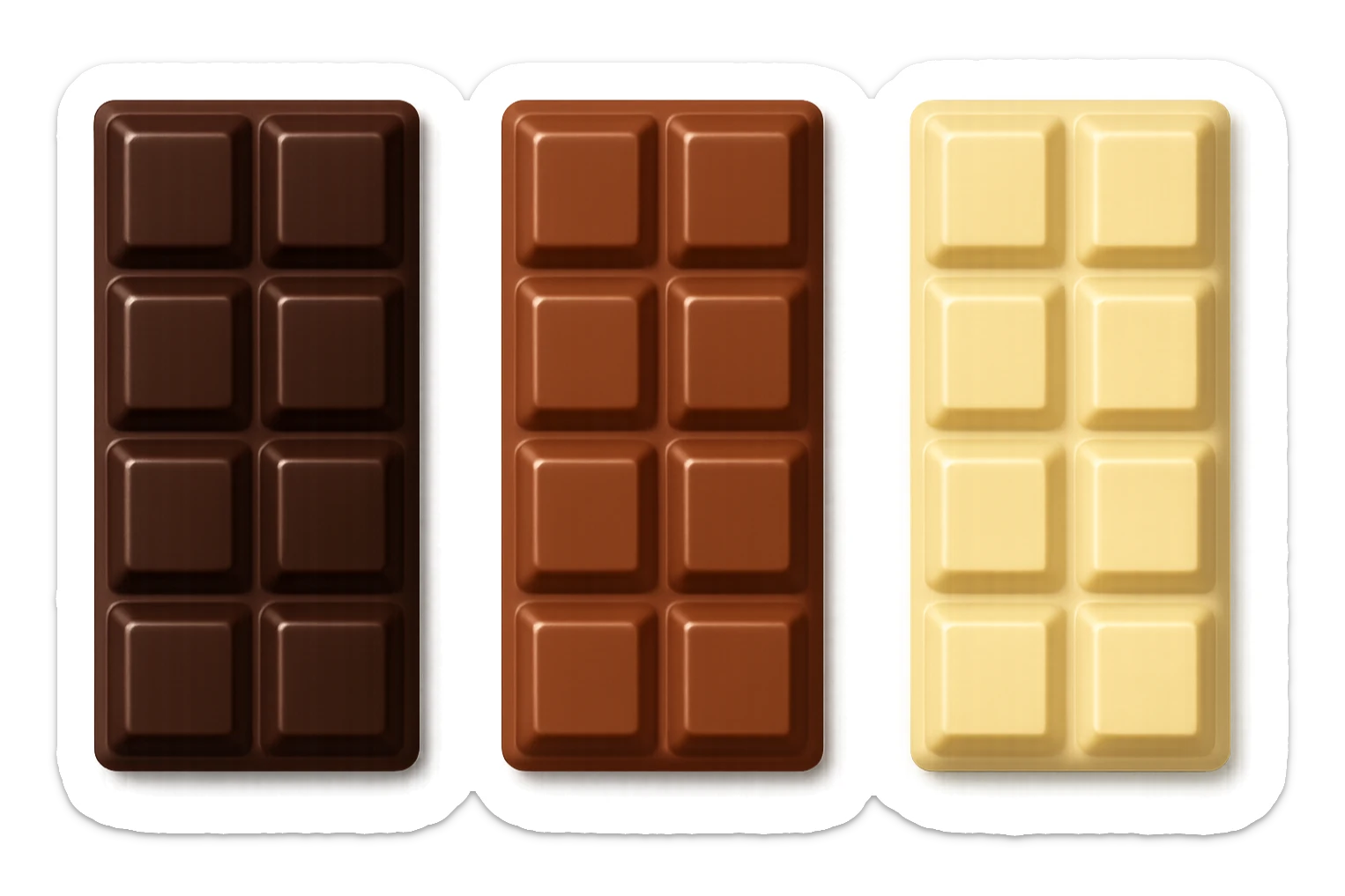 3 emoji stile iphone di BARRETTE DI CIOCCOLATO, UNA FONDENTE, UNA AL LATTE E UNA BIANCA, CON OMBRA REALISTICA, VISTE DALL'ALTO, IPERREALISTICO 4K sticker