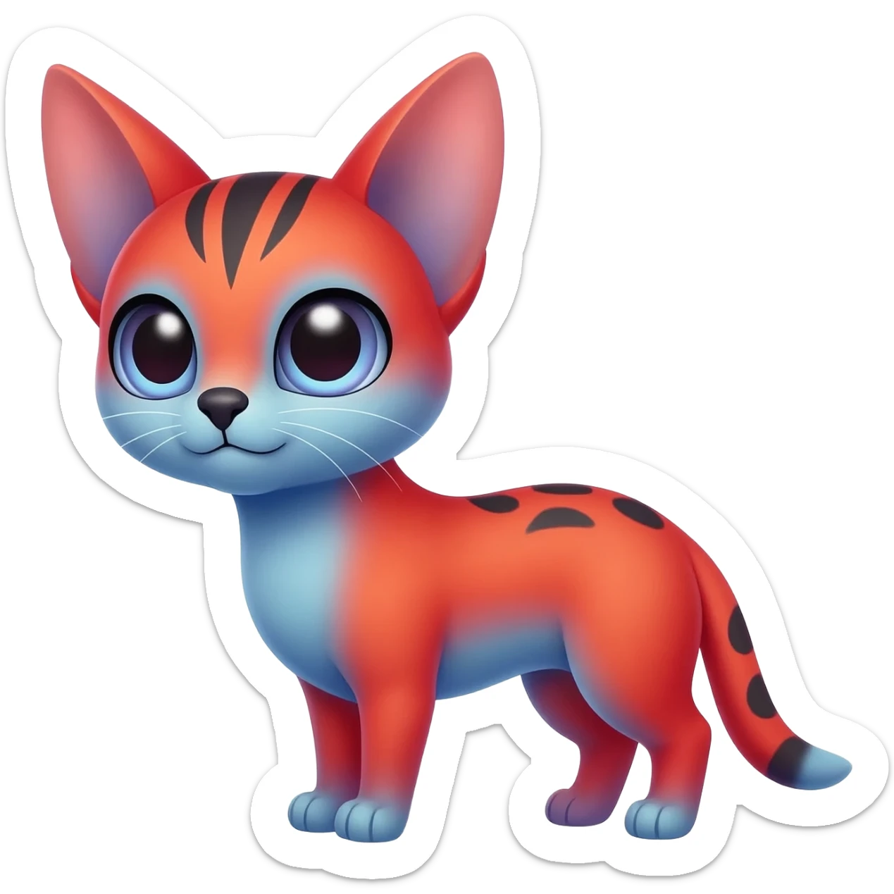 Exotic-colored red-bluish-Gradiented Big-eared big-eyed cute realistic animalistic feral digitigrade 4-legged anime-styled Meloetta-Furret-Sergal-Serval-hybrid-fusion-creature-animal, full body sticker