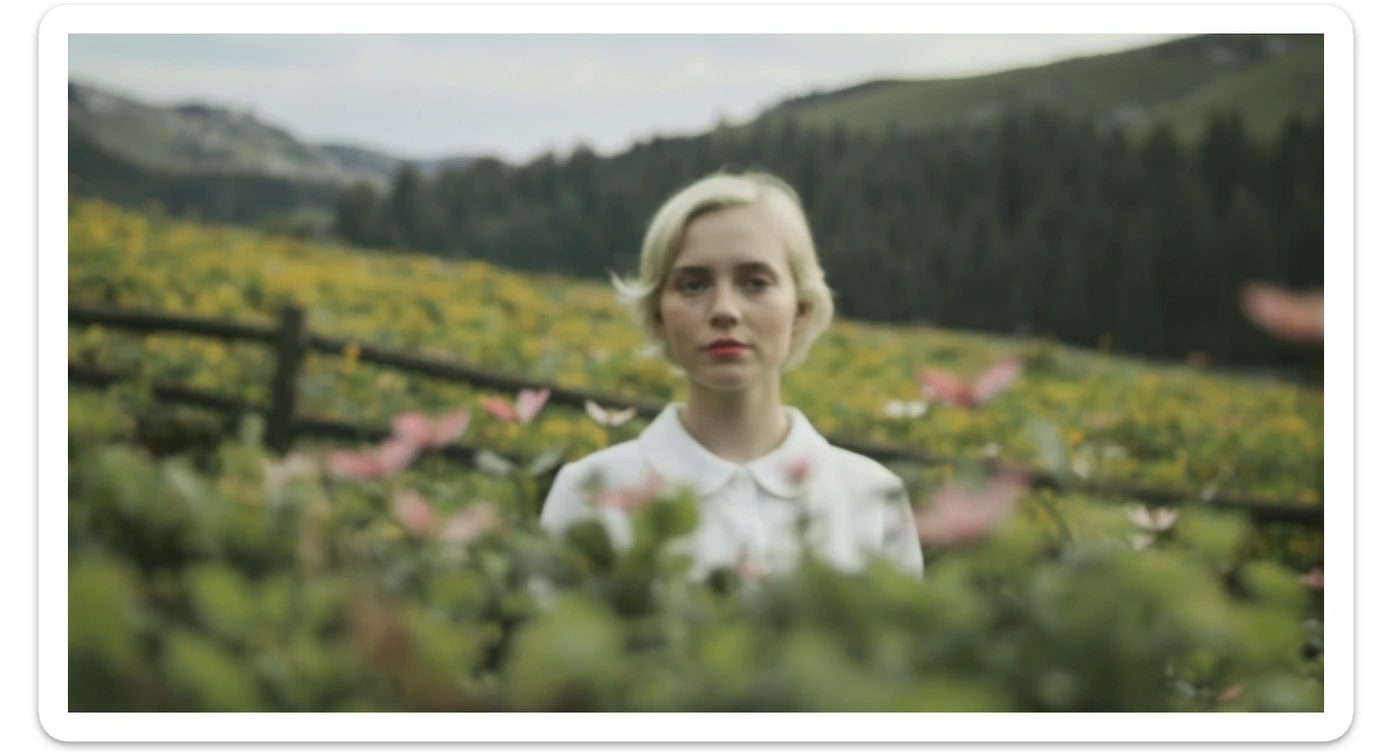 A portrait of a white person in the foreground, blurred plants in the foreground, a wooden fence and colorfull flowers in the midground, rolling hills in the background, cinematic depth of field, layered composition, natural lighting sticker