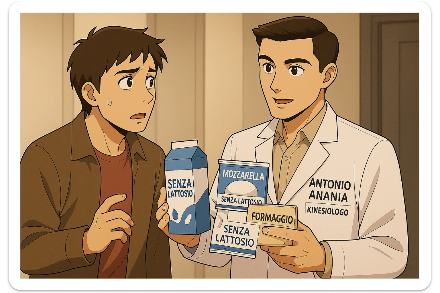 fai un webtoon manga a colori con questo stile, in cui un uomo ASCOLTA Il kinesiologo con il camice bianco (fagli anche la scritta "ANTONIO ANANIA" SUL CAMICE, IL KINESIOLOGO SPIEGA ALL'UOMO UNA MOSTRANDO VARI PRODOTTI DA SUPERMERCATO CONFEZIONATI (TIPO SCATOLA DI LATTE, MOZZARELLE CONFEZIONATE, FORMAGGIO CONFEZIONATO), OGNI CONFEZIONE HA LA SCRITTA "SENZA LATTOSIO SULL'ETICHETTA. L'UOMO OSSERVA IL KINESIOLOGO CON ESPRESSIONE CONFUSA IN VOLTO. non fare i fumetti però, fai solo in modo che sembri stiano parlando sticker