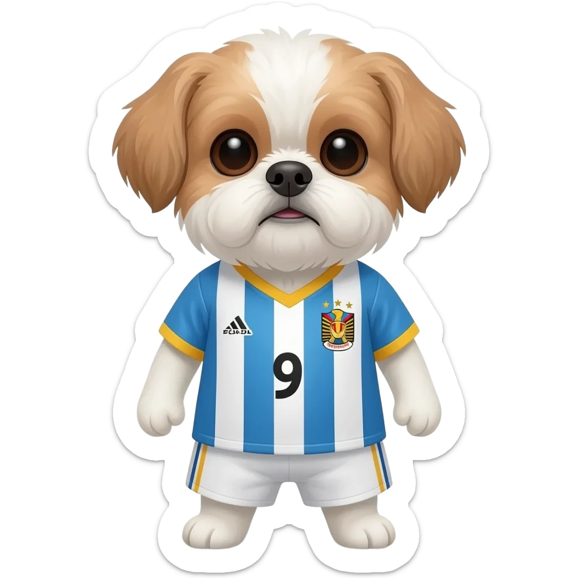white and light brown shih zhu wearing a Egypt soccer jersey v neck 2026 work cup sticker
