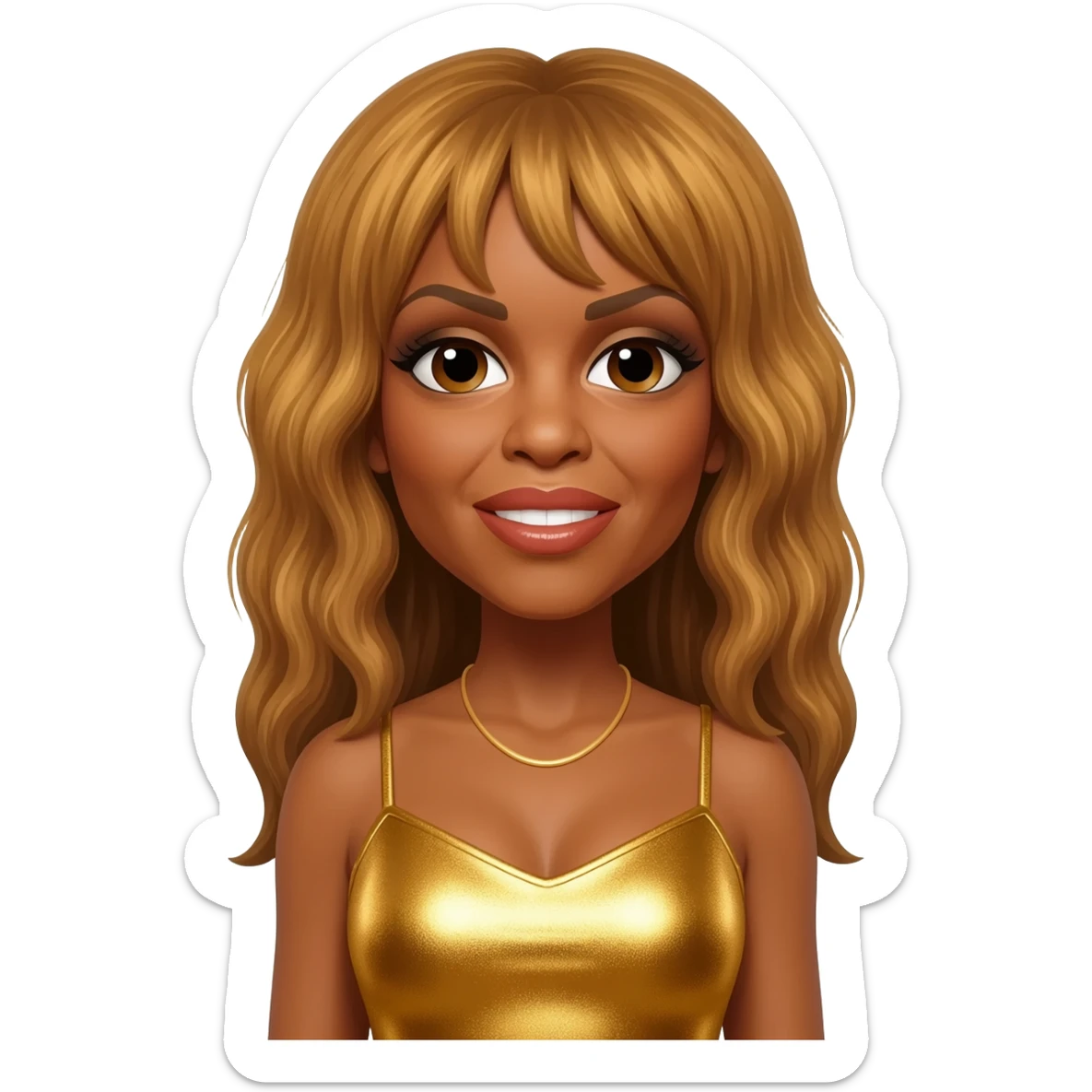 Tina Turner with long golden brown hair, gold metallic dress sticker