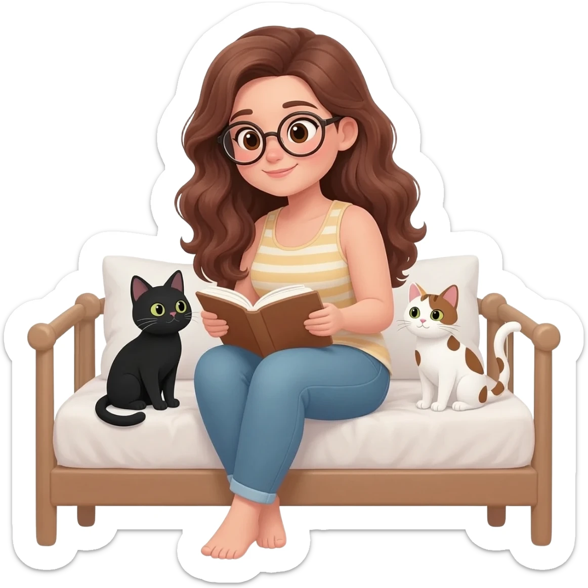 detailed emoji illustration of a curvy woman with long chestnut brown wavy hair, light brown eyes and round glasses sitting on a bed and reading a book, with two cats beside her: one black cat and one white cat with brown spots, cozy bedroom atmosphere, cute emoji style sticker
