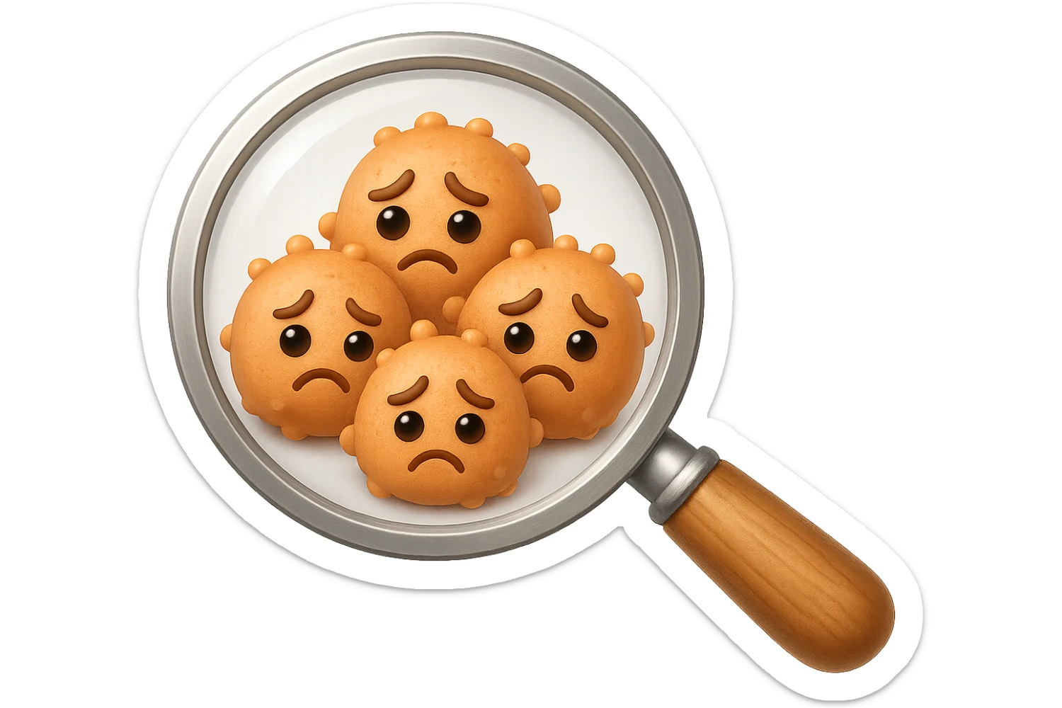 EMOJI STILE IPHONE DI una lente di ingrandimento che inquadra un cumulo di batteri intestinali tristi, IPERREALISTICO 4K sticker