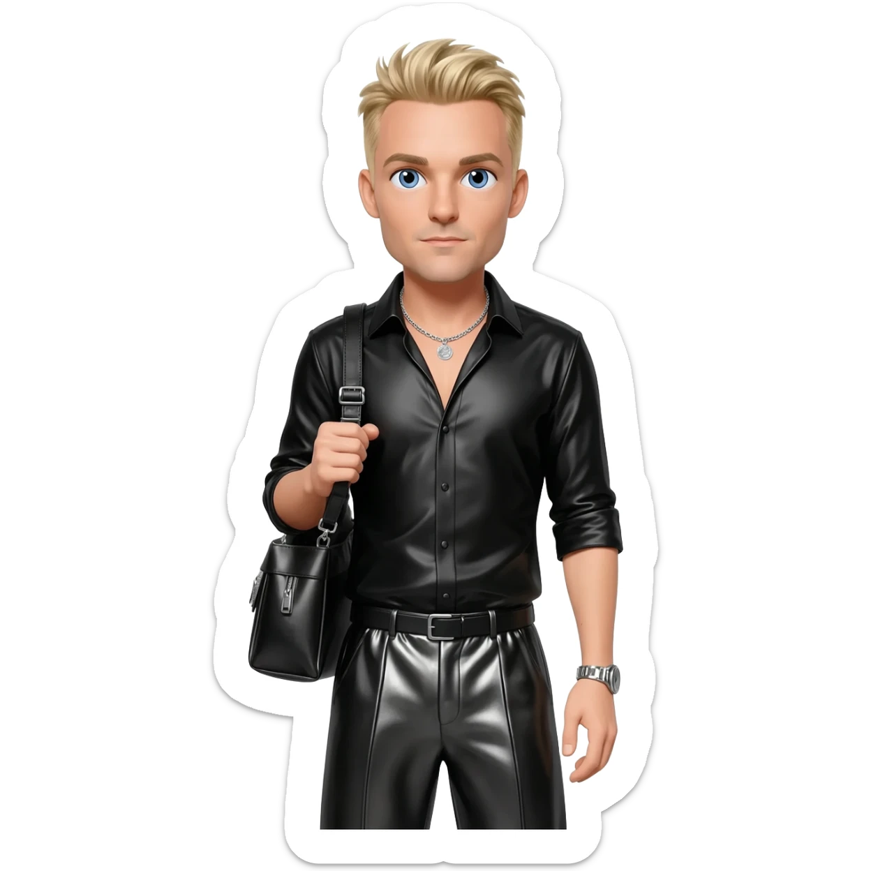Kian Egan from Westlife with blue eyes, blonde hair, black metallic shirt, black metallic baggy pants, silver necklace sticker