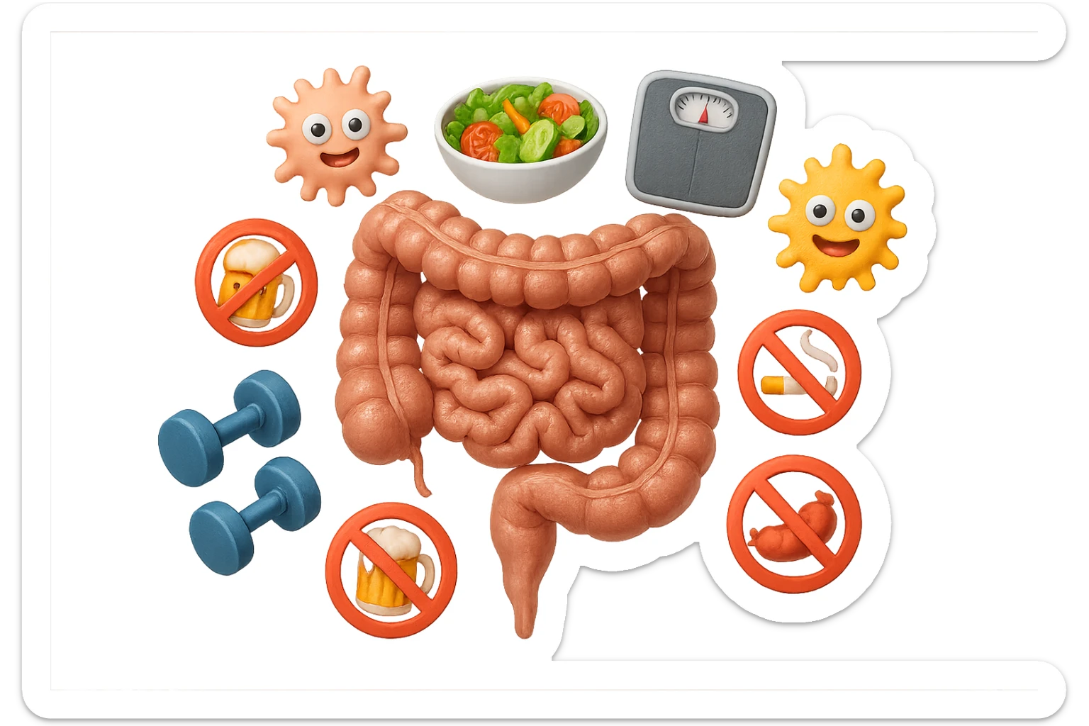 intestino umano anatomico realistico al centro, intorno al quale ruotano emoji stile iphone di: due batteri intestinali felici, una bowl di insalata, una bilancia pesapersone, manubri da palestra, e un boccale di birra con divieto 3d sopra, una sigaretta con divieto 3d sopra e un wurstel con divieto 3d sopra, fluttuano in aria, iperrealistico 4k sticker