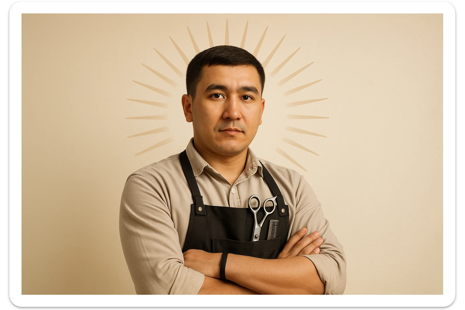 shu pozada turgan sartaroshni tuzib ber uzbek bo'lsin realistik janrda soch turmagi oddiy soqol shart emas sticker