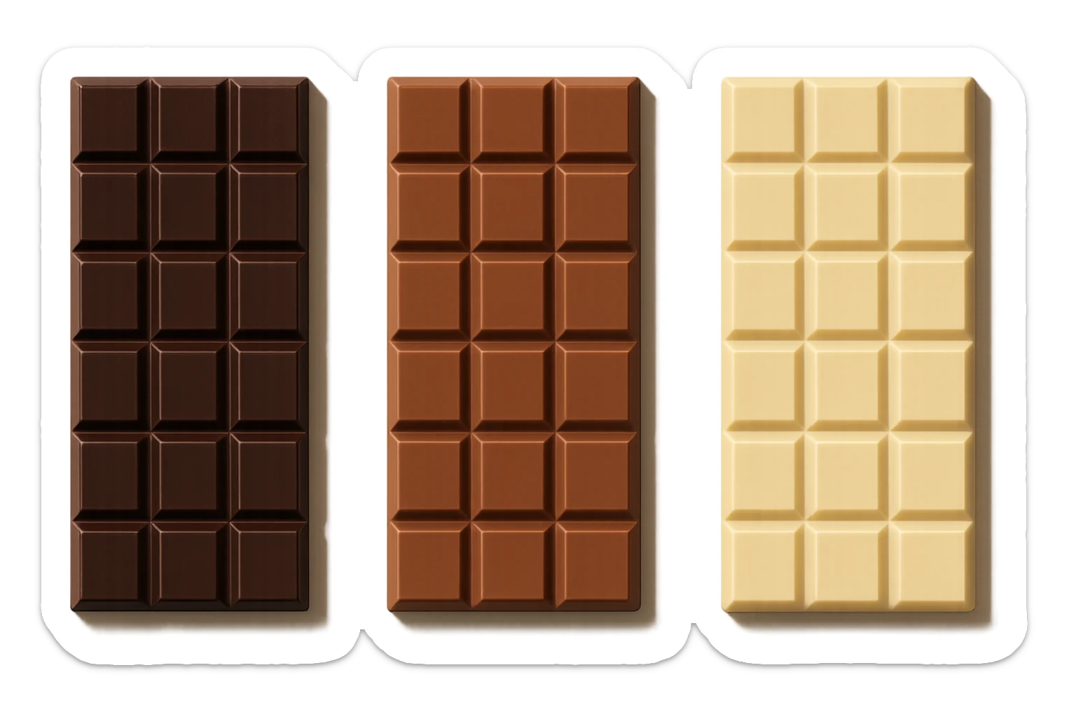 3 BARRETTE DI CIOCCOLATO, UNA FONDENTE, UNA AL LATTE E UNA BIANCA, CON OMBRA REALISTICA, VISTE DALL'ALTO, IPERREALISTICO 4K sticker