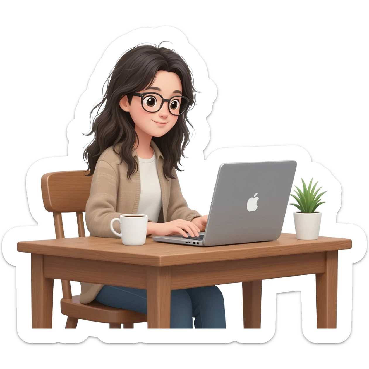 asian girl with messy long  hair and glasses working from home  on PC sticker