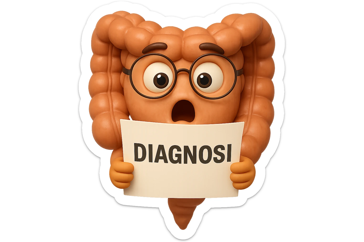 EMOJI STILE IPHONE DI UN INTESTINO CON GLI OCCHIALI CHE LEGGE UN FOGLIO CON LA SCRITTA DIAGNOSI, ESPRESSIONE STUPITA IN VOLTO, IPERREALISTICO 4K sticker