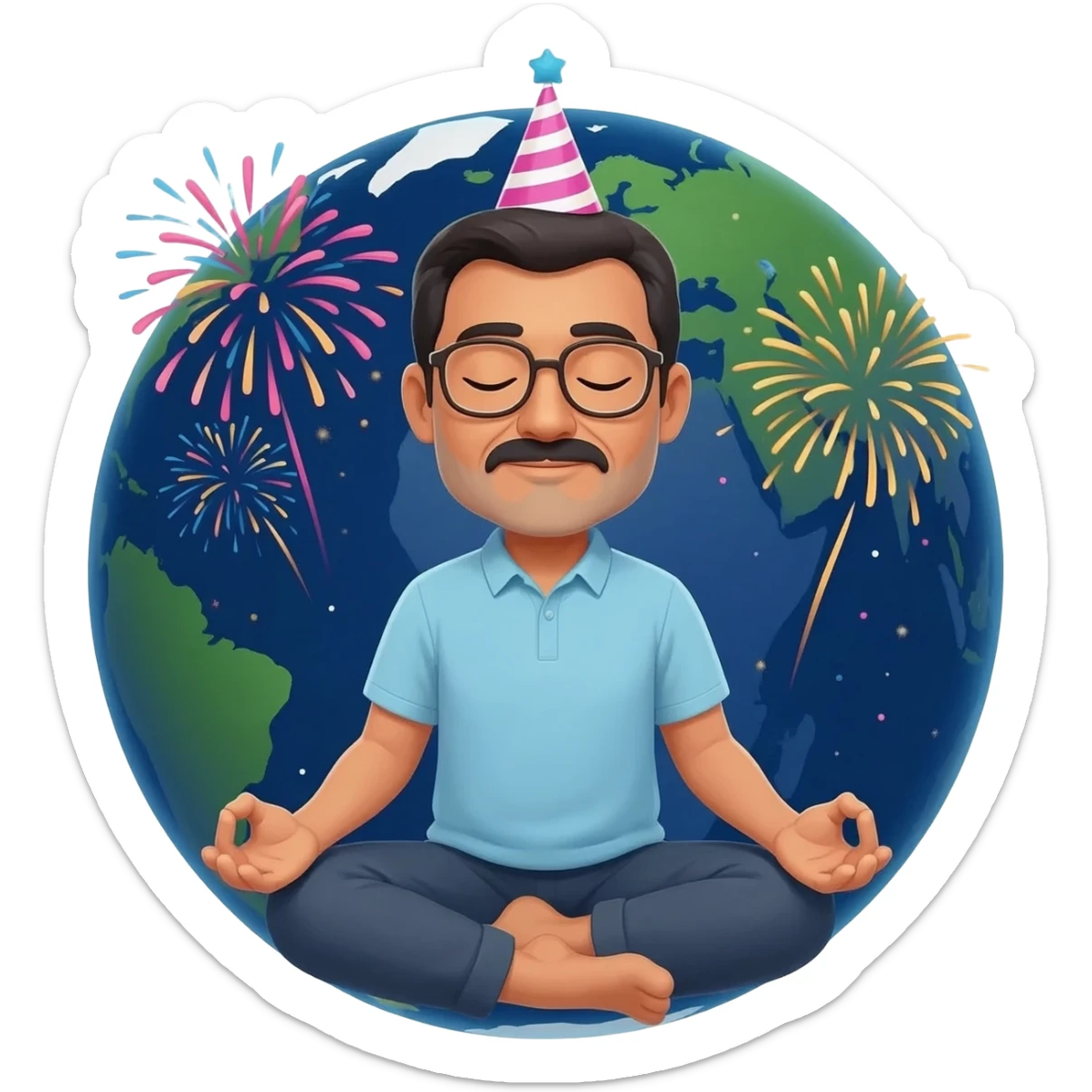 middle age mexican man with glasses, no facial hair, sitting indian style while sitying ontop of the planet earth which is close in size to the mexican man,  meditating with his eyes closed with a birthday party hat on and fireworks all around in the background in space.  sticker