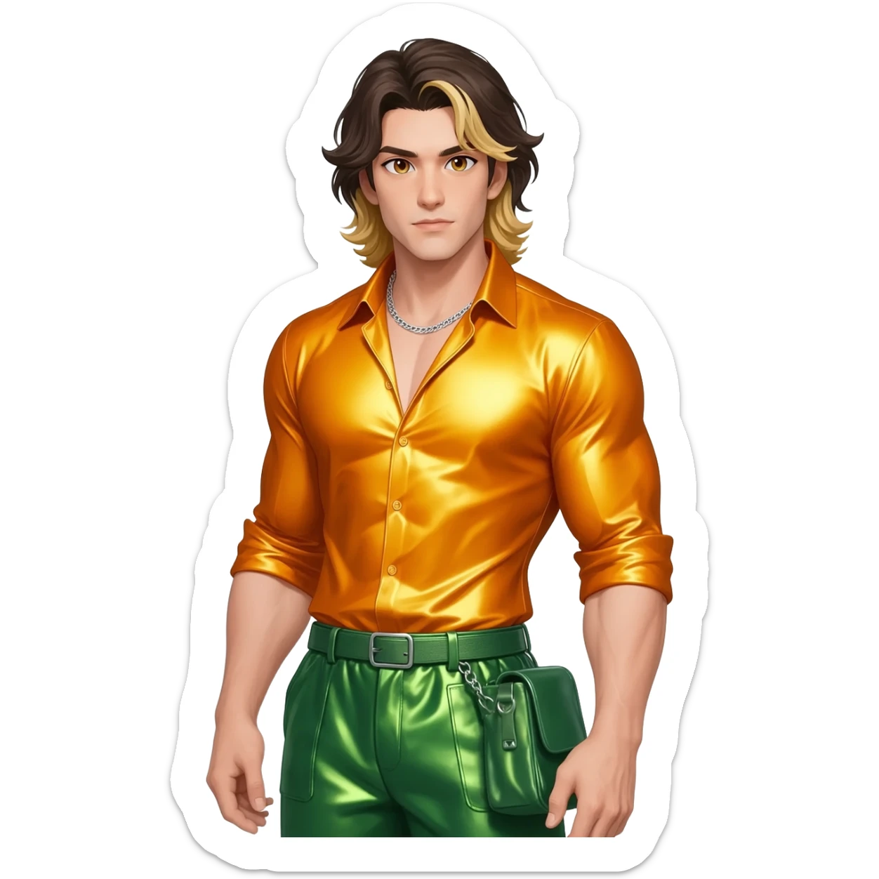 Jason Momoa with hazel eyes, dark brown long hair with blonde highlights, yellow orange metallic shirt, green metallic baggy pants, silver necklace sticker